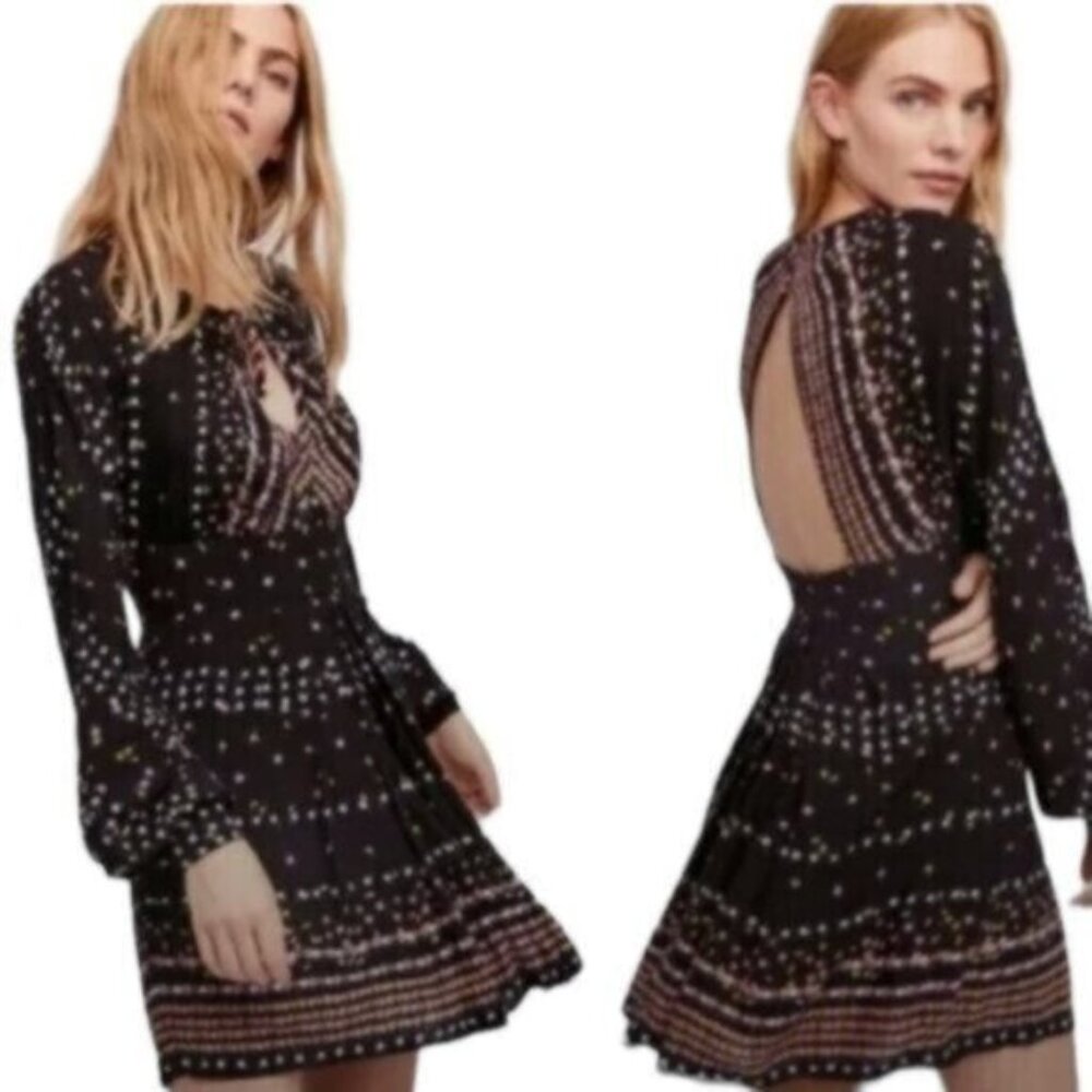 NWT Free People | Women's Black Coryn Printed Long Sleeves Mini Dress Size 8